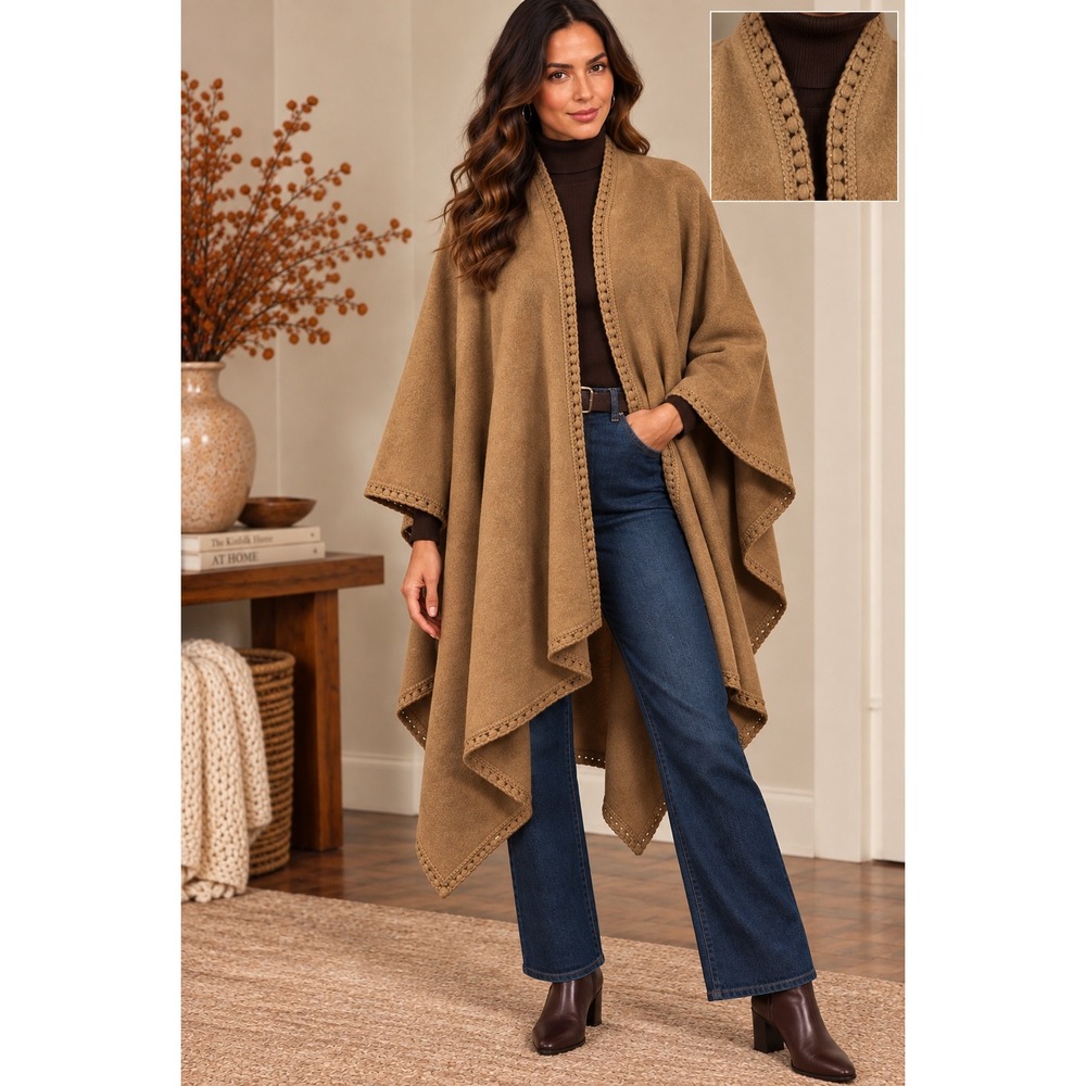 Peruvian Camel Felted Alpaca Blanket Cape Poncho Wrap crochet trim Horn Toggle